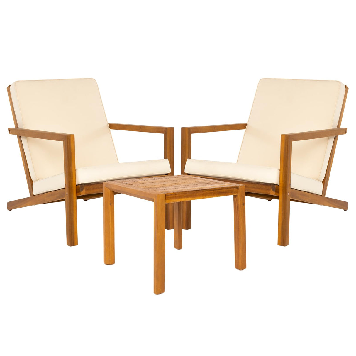 Idzo Eleve 400lbs Capacity Outdoor Club Chairs Set of 2 with Wooden Side Table, FSC Certified Acacia Wood Patio Furniture Set for Firepit Porch, Large, Slanted Backrest Design IDZO