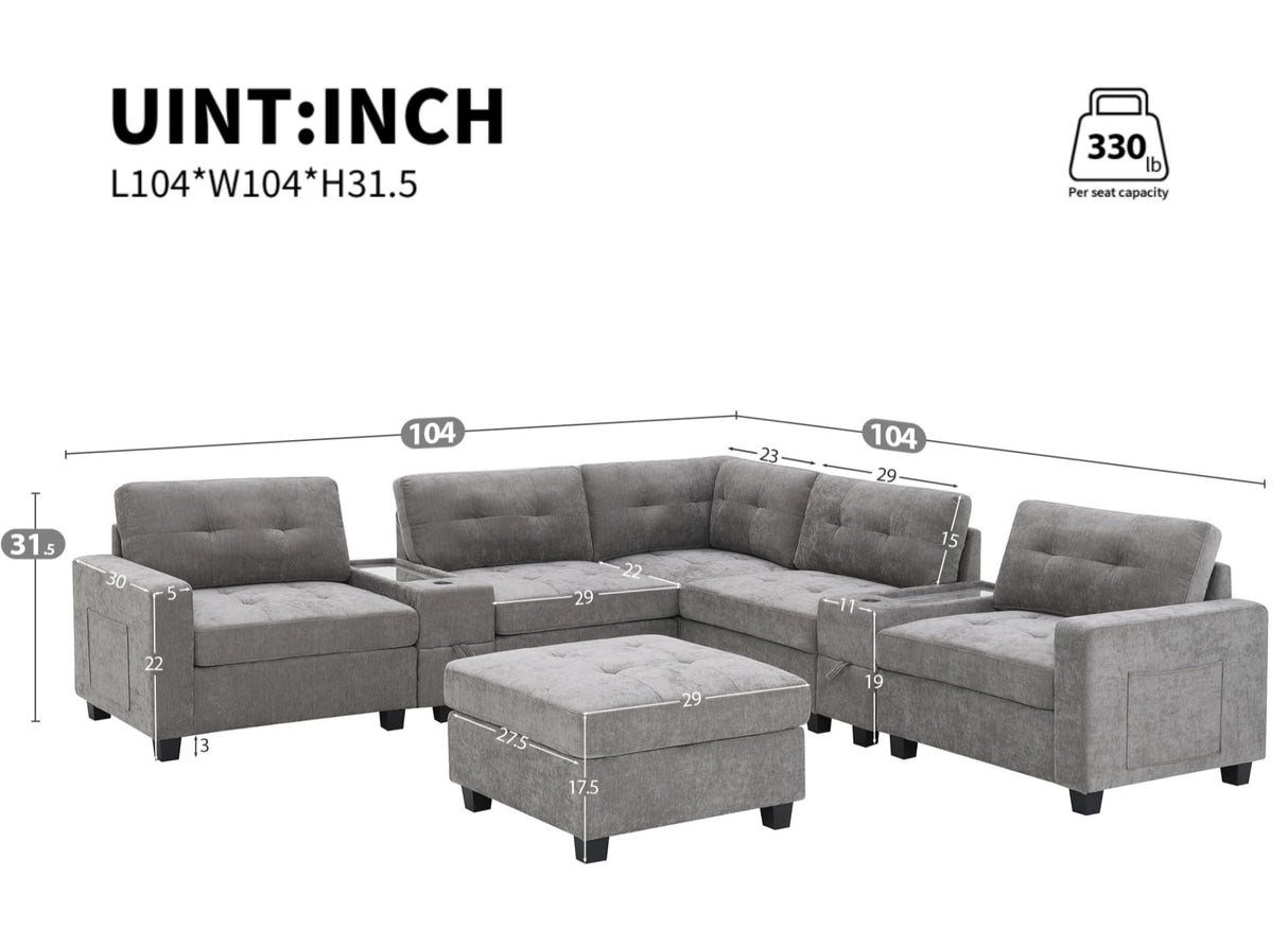 Merax 104 * 104" Chenille Sectional Couches with 2 Acrylic Consoles, Upholstered Modular Tufted Sofa Chaise with Ottoman, Storage Drawers, Pockets, USB Charger & Cup Holders for Living Room Apartment Merax