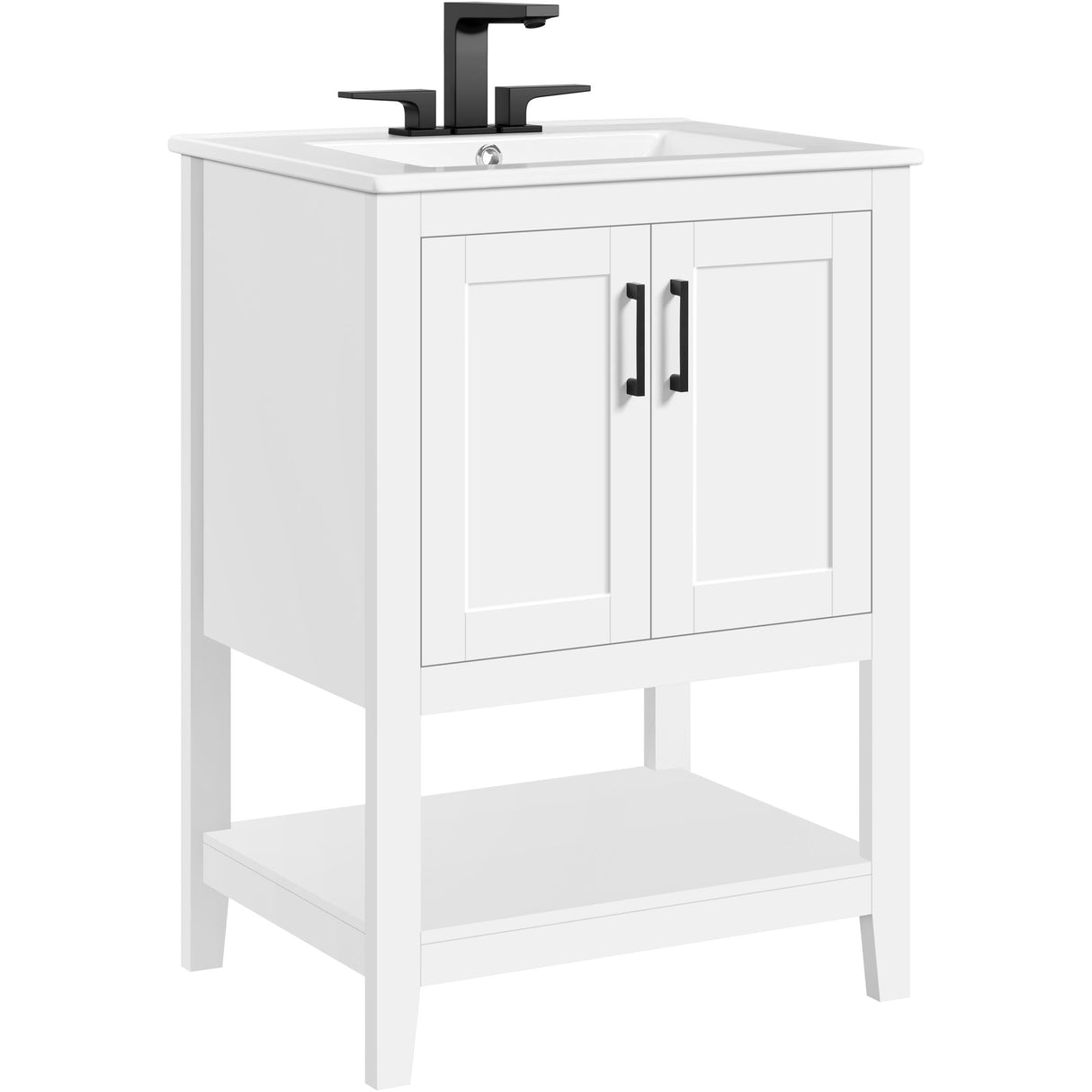Yaheetech 24" Modern Bathroom Vanity with Sink, Bathroom Sink Cabinet with Rectangular Ceramic Basin, Bathroom Vanities Cabinet with 2 Doors and 1 Open Shelf, White Yaheetech