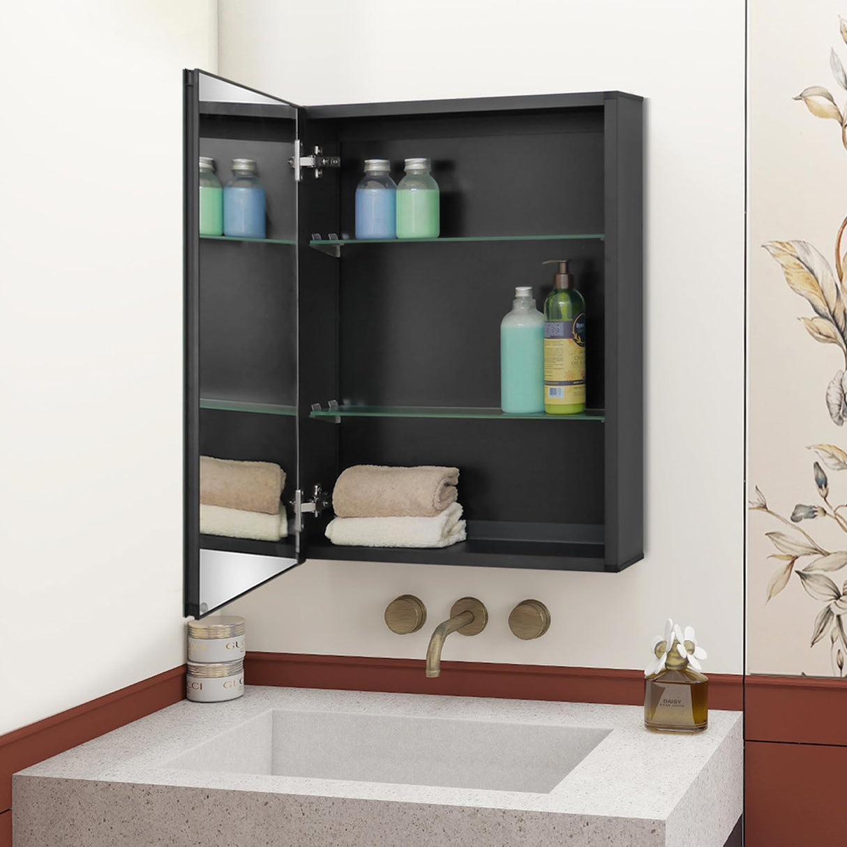 Fundin Medicine Cabinet 20 x 26 inches Mirror Size, Recessed or Surface Mount, Black Aluminum Bathroom Wall Cabinet with Mirror and Adjustable Shelves. Fundin