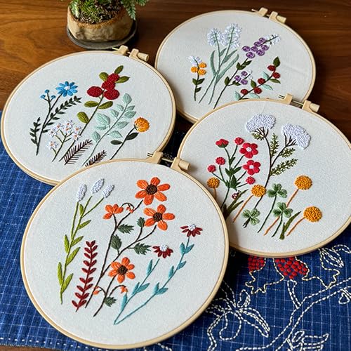 Huacan Embroidery Kits for Adults Beginner - 4 Pcs Floral Pattern Stitching Printed Bouquet DIY Sewing Kit 7.9 x 7.9 Inch (Bouquet 3)