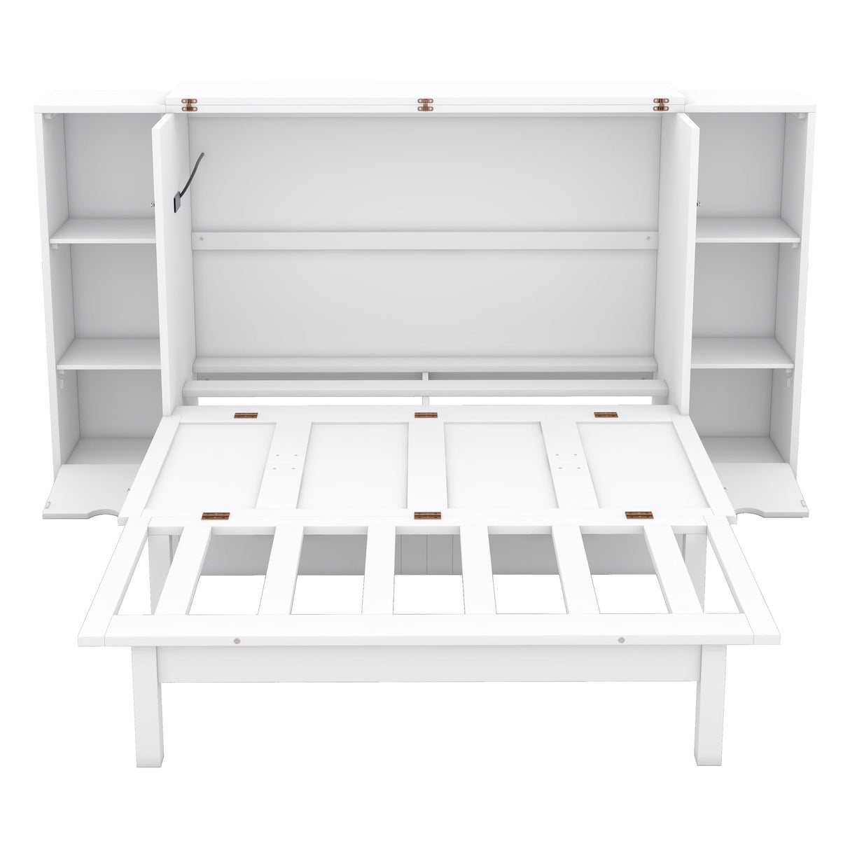 Full Size Murphy Wall Bed With Storage and Bookcase Headboard, Solid Wood Cabinets, Shelves, Drawers and USB Ports, Multi-Function Platform for Home Office, Guest Room (White) MERITLINE