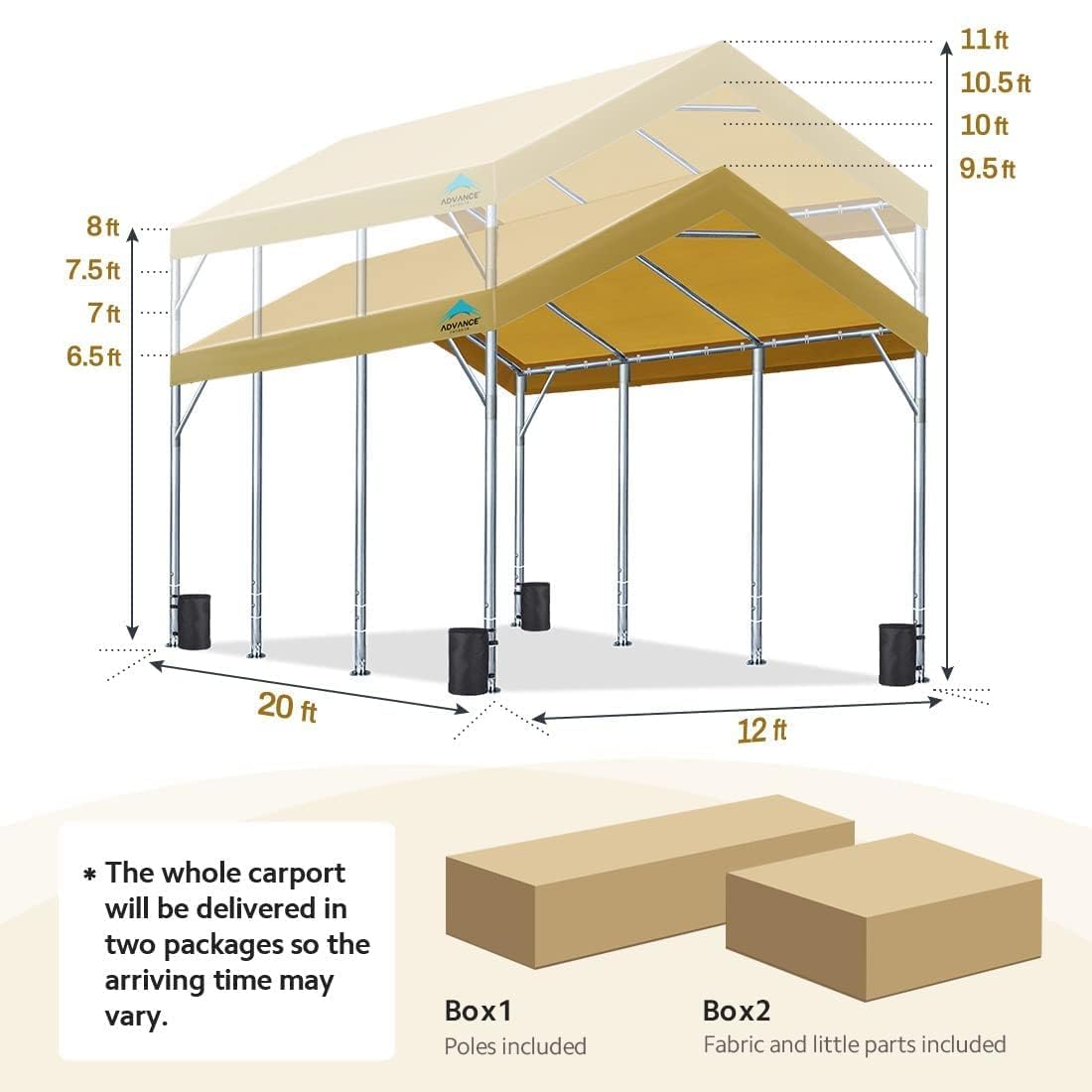 ADVANCE OUTDOOR 12x20 ft Heavy Duty Carport Potable Car Canopy Garage Party Tent Boat Shelter, Adjustable Height from 9.5 ft to 11 ft, Beige ADVANCE OUTDOOR