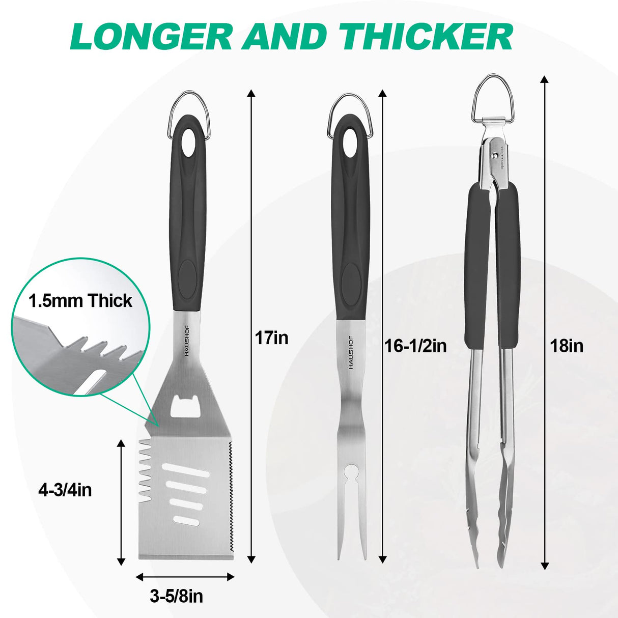 HAUSHOF Large Grill Accessories Heavy Duty BBQ Set Gifts for Men/Women - Premium Stainless Steel Spatula, Fork & Tongs (16.5/16/16.5 in.), Barbecue Utensils Tool Kit Gift for Grilling Lover Outdoor HAUSHOF