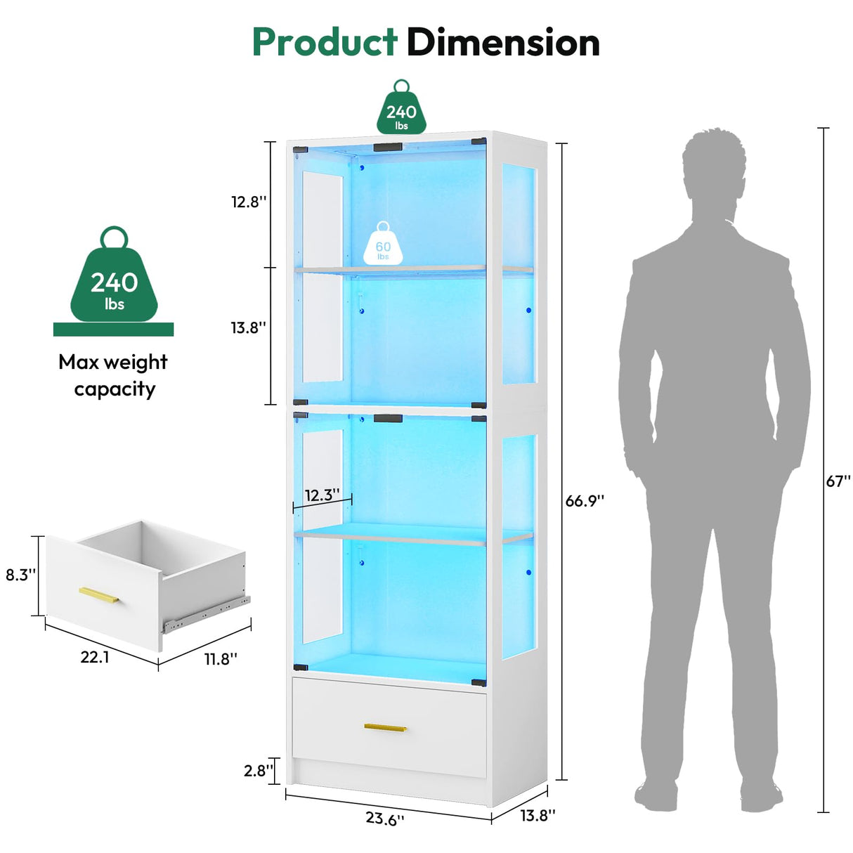 Lamtor Glass Display Cabinet with Doors - Curio Cabinet with Dynamic LED Lights for Collectibles, 67" Display Case with 4 Tier and Drawer for Figure, Toys, Books, White(Narrow) Lamtor