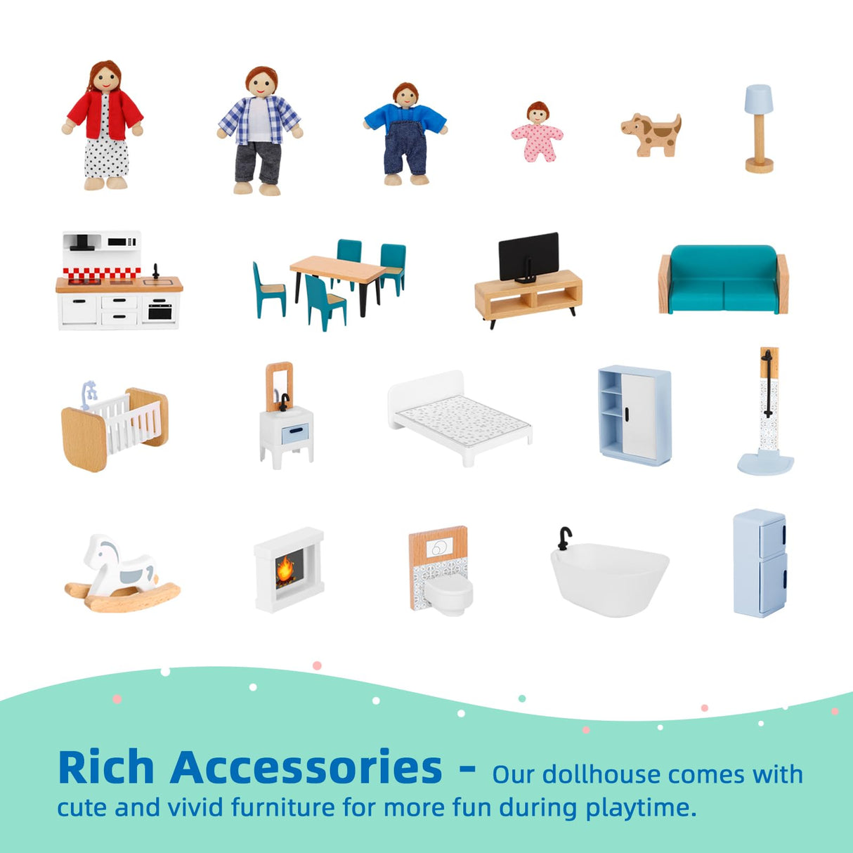 OOOK Wooden Dollhouse with Liftable Elevator - 2.6 Feet High Modern Doll House for Kids Toddlers - Including 21 Furniture Pieces, 4 Family Dolls, and OOOK