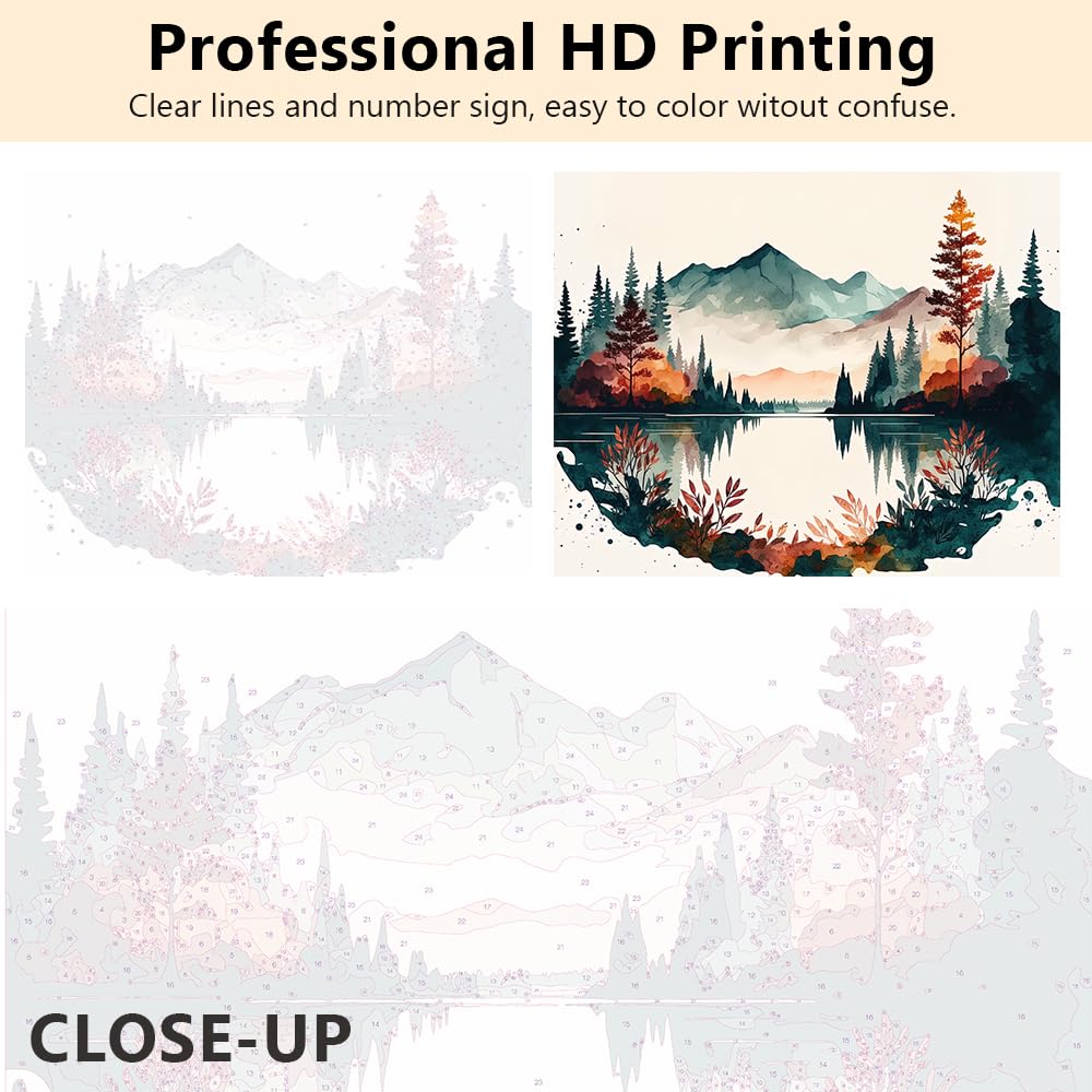 TUMOVO Landscape Paint by Numbers for Adults, Mountains, Forests and a Lake are Shown in a Watercolor Scene Paint by Number Kits for Beginner, Autumnal Landscape Art, 16x20 Inch TUMOVO