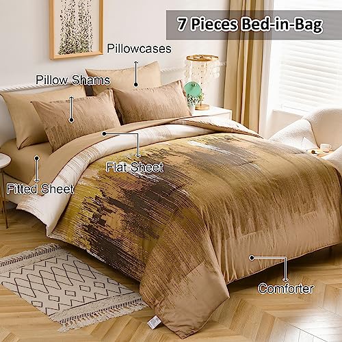 WONGS BEDDING Brown Comforter Set Queen,7 Pieces Bed in a Bag Abstract Art Gradient Comforter Soft Microfiber Bedding Set -1 Comforter, 1 Flat Sheet, 1 Fitted Sheet, 2 Pillow Shams,2 Pillowcases WONGS BEDDING