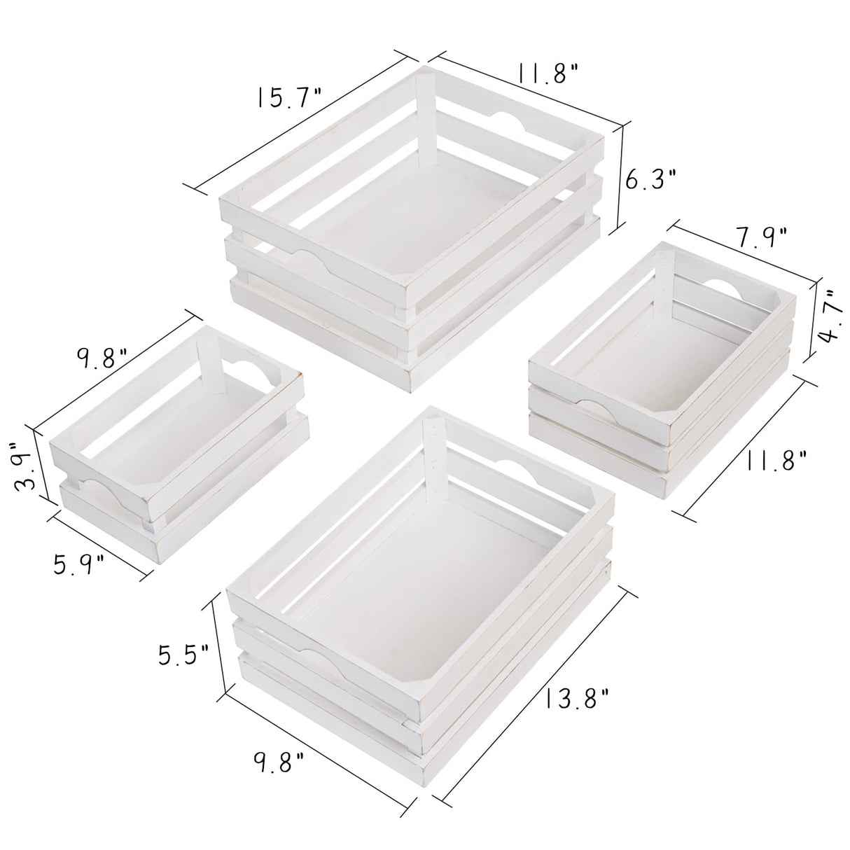 MACVAD Set of 4 Large Wooden Crates Decorative, Whitewashed Nesting Wooden Crates for Display Rustic, Farmhouse Wooden Storage Container Boxes Made from 100% Wood MACVAD