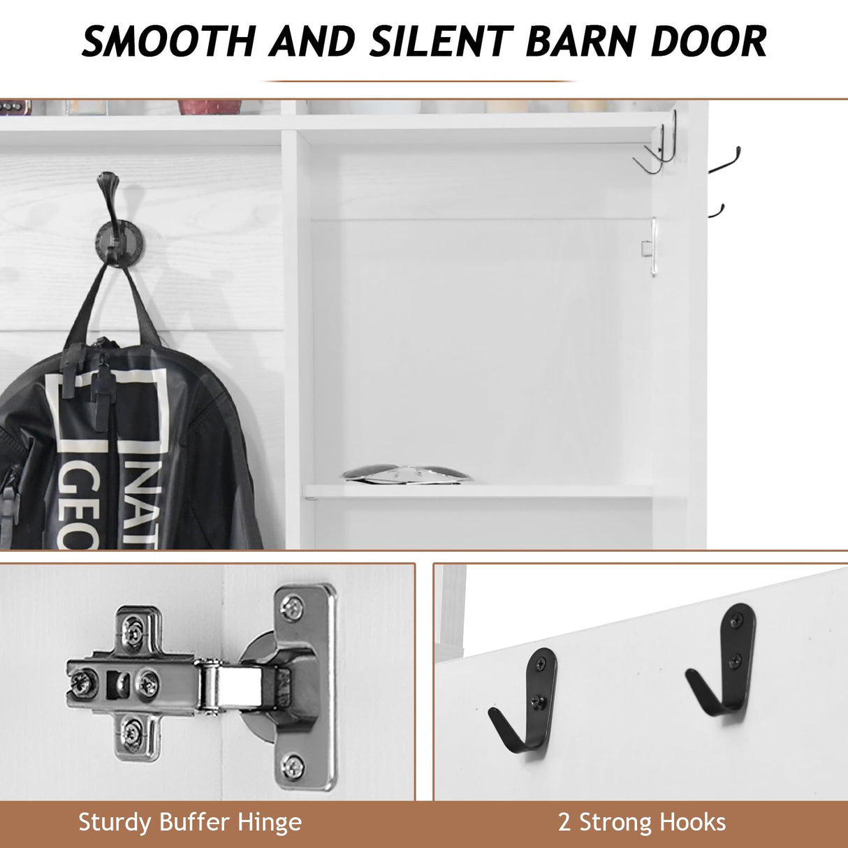 4ever2buy 79 Inch Hall Tree with Bench and Shoe Storage, Farmhouse Hall Tree with Coat Rack, White Entryway Bench with Barn Door and Adjustable Shoe Cubbies, Mudroom Hall Tree with 3-Tier Cabinet 4ever2buy