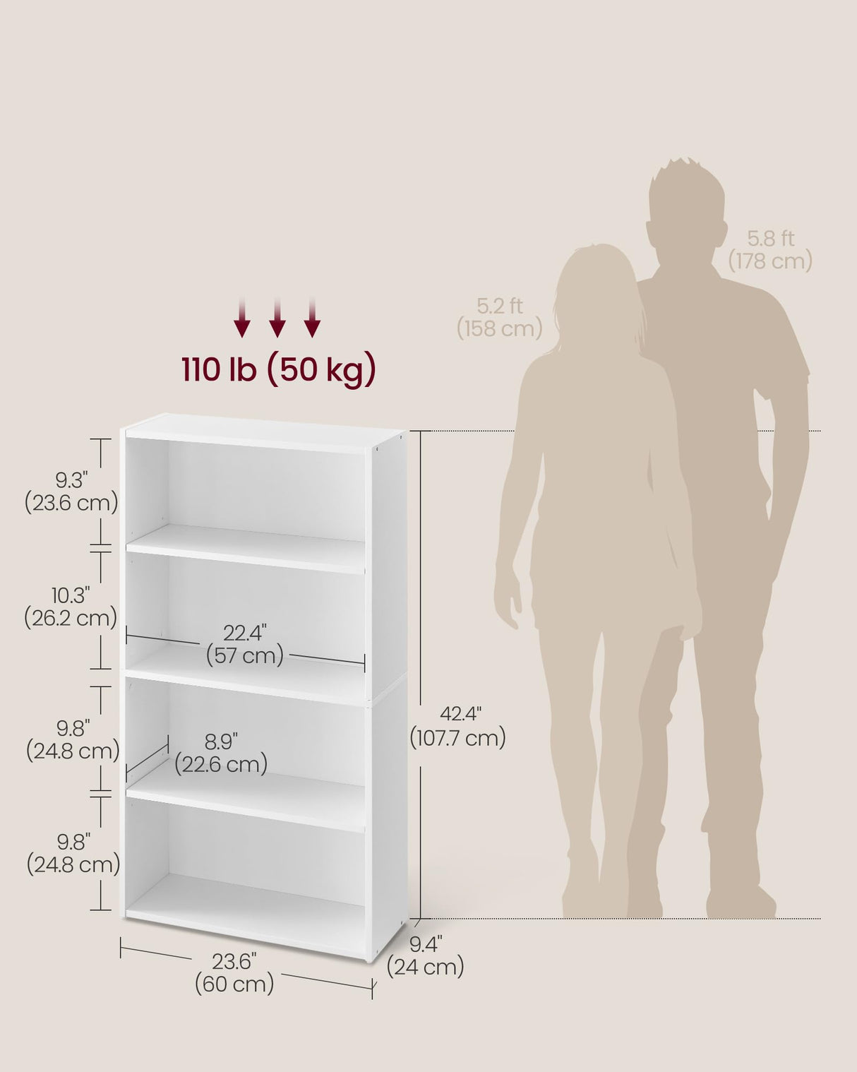 VASAGLE CUSTOS Collection - Bookshelf, 4-Tier Bookcase, Book Shelf, Open Storage Shelf, 9.4 x 23.6 x 42.4 Inches, for Living Room, Home Office, Dinning Room, Cloud White ULBC164T14 VASAGLE