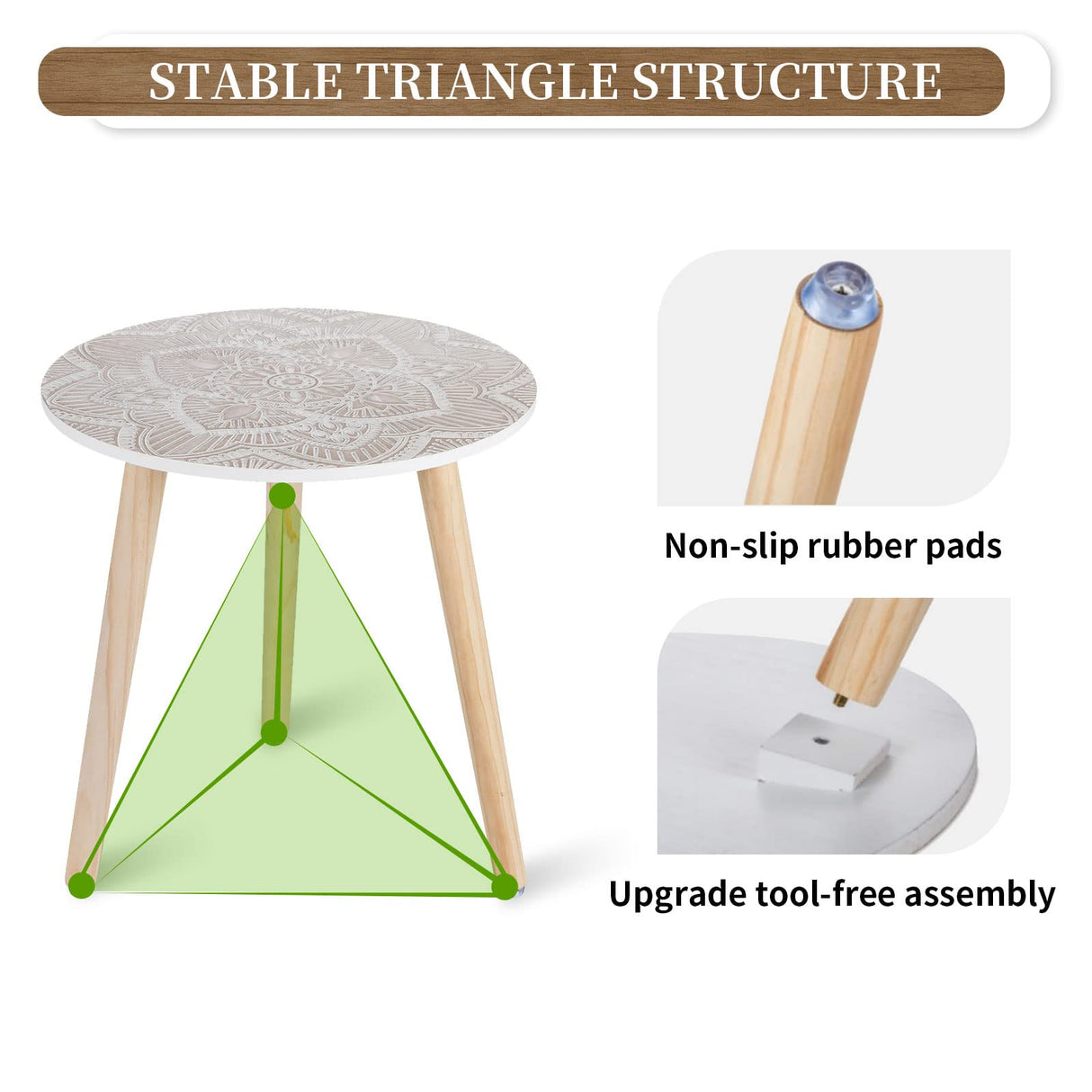 Hanobe Small Round Side Table: Boho End Tables for Living Room Bohemian Accent Bedside Table White Washed Bedroom Nightstand Farmhouse Home Decor Decorative with 3 Wood Legs, Easy Assembly Hanobe