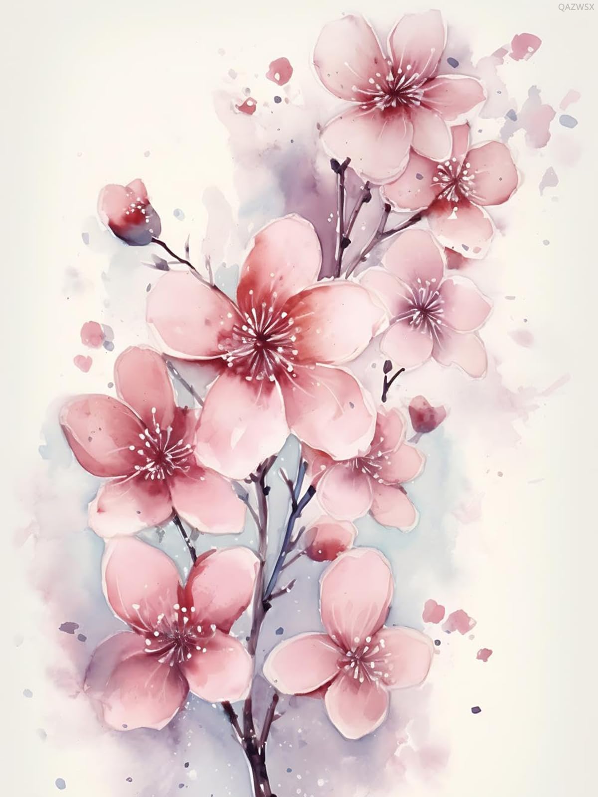 QAZWSX Spring Cherry Blossom Trees with Pink Flowers Diamond Painting Kits for Adults, Spring Cherry Blossom Diamond Painting, Full Drill Crystal Rhinestone Craft Kits Home Wall Decor 12x16 inch QAZWSX