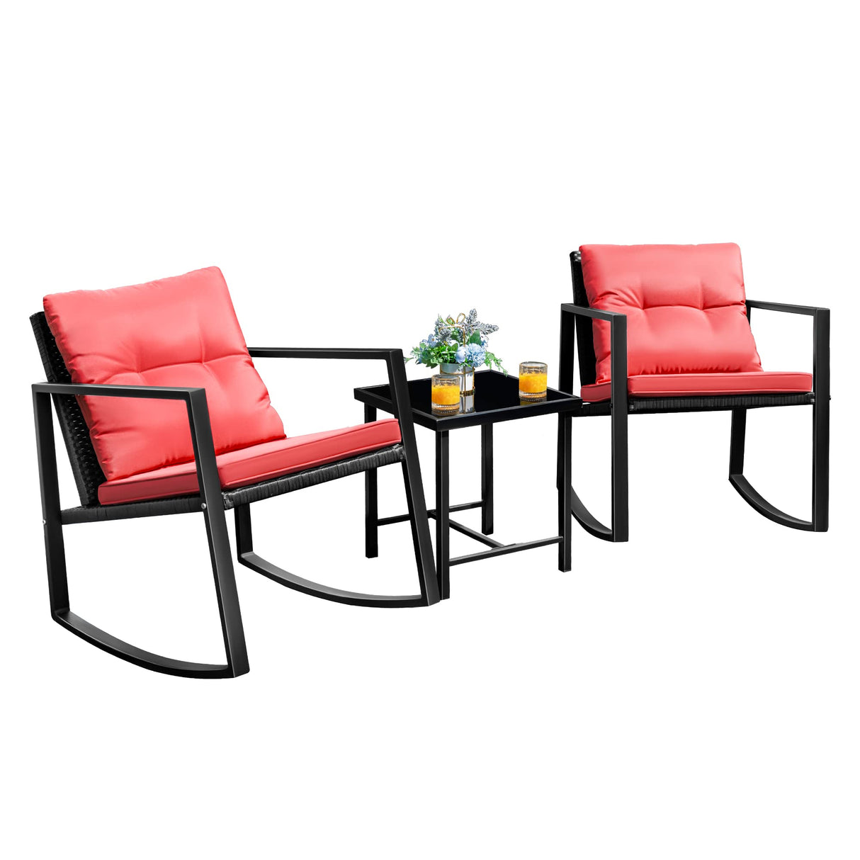 Flamaker 3 Pieces Patio Furniture Set Rocking Wicker Bistro Sets Modern Outdoor Rocking Chair Furniture Sets Clearance Cushioned PE Rattan Chairs Conversation Sets with Coffee Table (Red) Flamaker