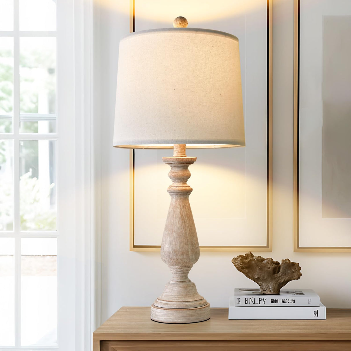 PORTRES 24.5" Mid Century Single Table Lamp for Living Room Farmhouse Linen Bedside Lamps for Bedroom Kids Room Dorm Office Rustic Lamps for End Table Nigntstand Resin PORTRES