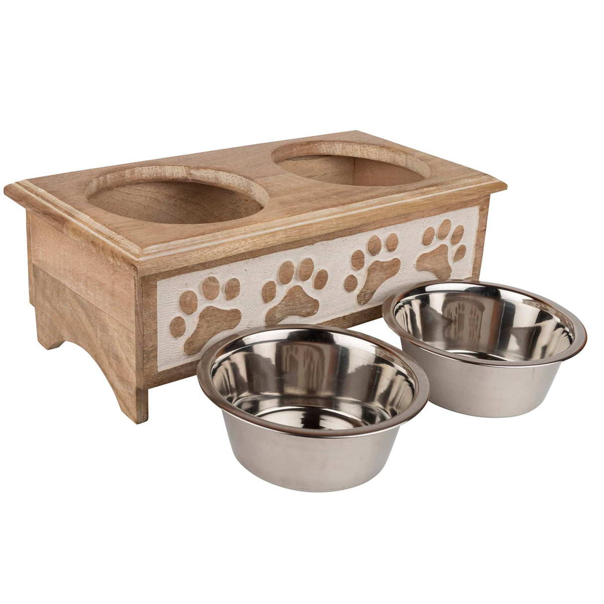 GoCraft Raised Dog Bowls for Small Dogs | Modern Farmhouse White Washed Elevated Wooden Stand Feeder with 2 Stainless Steel Bowls for your Pet Food & Water GoCraft