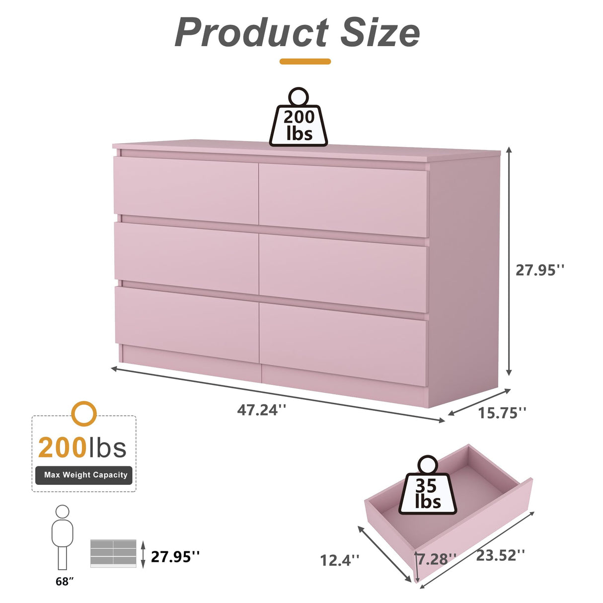 Vibe & Dine 6 Drawer Double Dresser, Modern Chest of Drawers with Wide Storage for Closet, Bedroom, Living Room, Pink Vibe & Dine