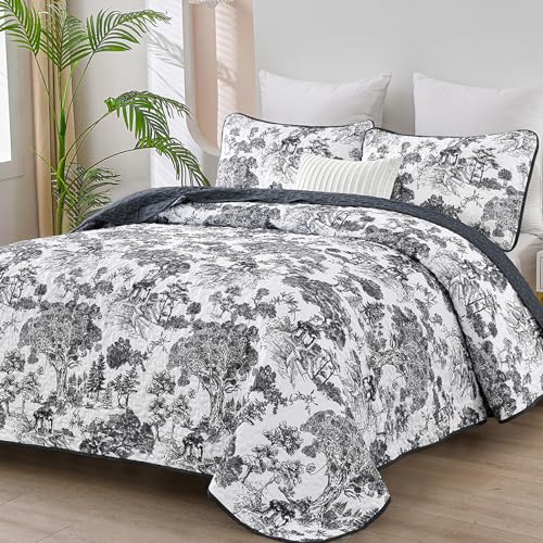 WONGS BEDDING Botanical Quilt Set King Size, Black 3 Pieces Toile Floral Plants Printed Bedspread Bedding Set Soft Lightweight Microfiber Coverlet Set for All Season (104"x90") WONGS BEDDING