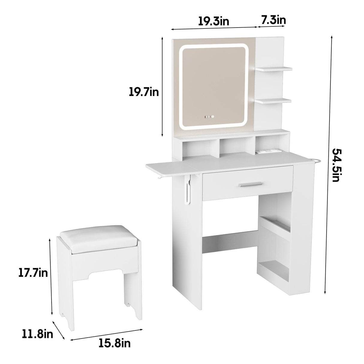 Vabches Makeup Vanity with Mirror and Lights, Small Vanity Desk with with Drawer Lots Storage, Vanity Set with Storage Drawer, Chair and Three Shelves, White Vabches
