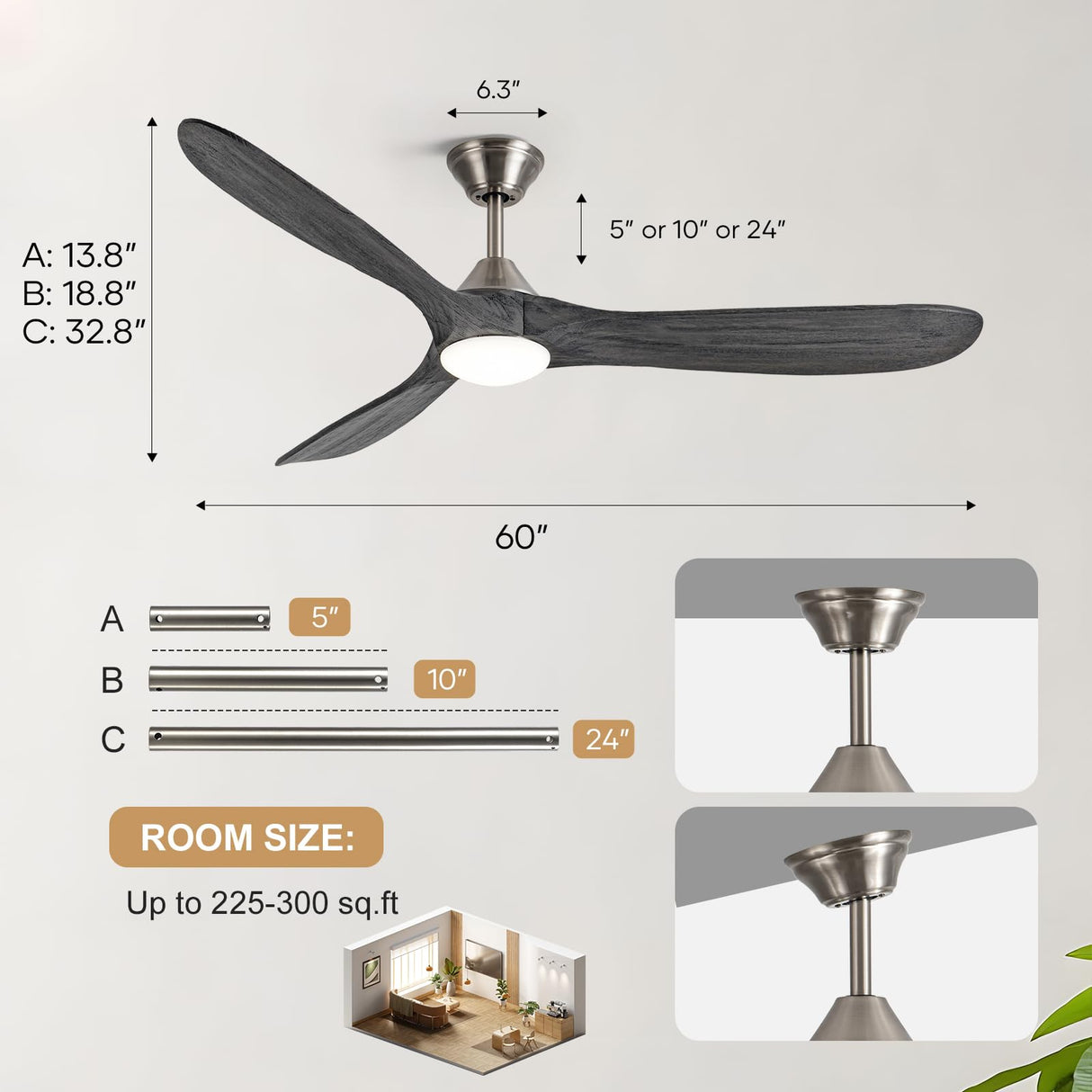 Outdoor Ceiling Fan with Light, 60 inch Ceiling Fan with Light and Remote, Modern Wood Ceiling Fan, Reversible Quiet DC Motor, High CFM, Dimmable Ceiling Fan for Indoor/Outdoor Nickel+Gray AUNLPB
