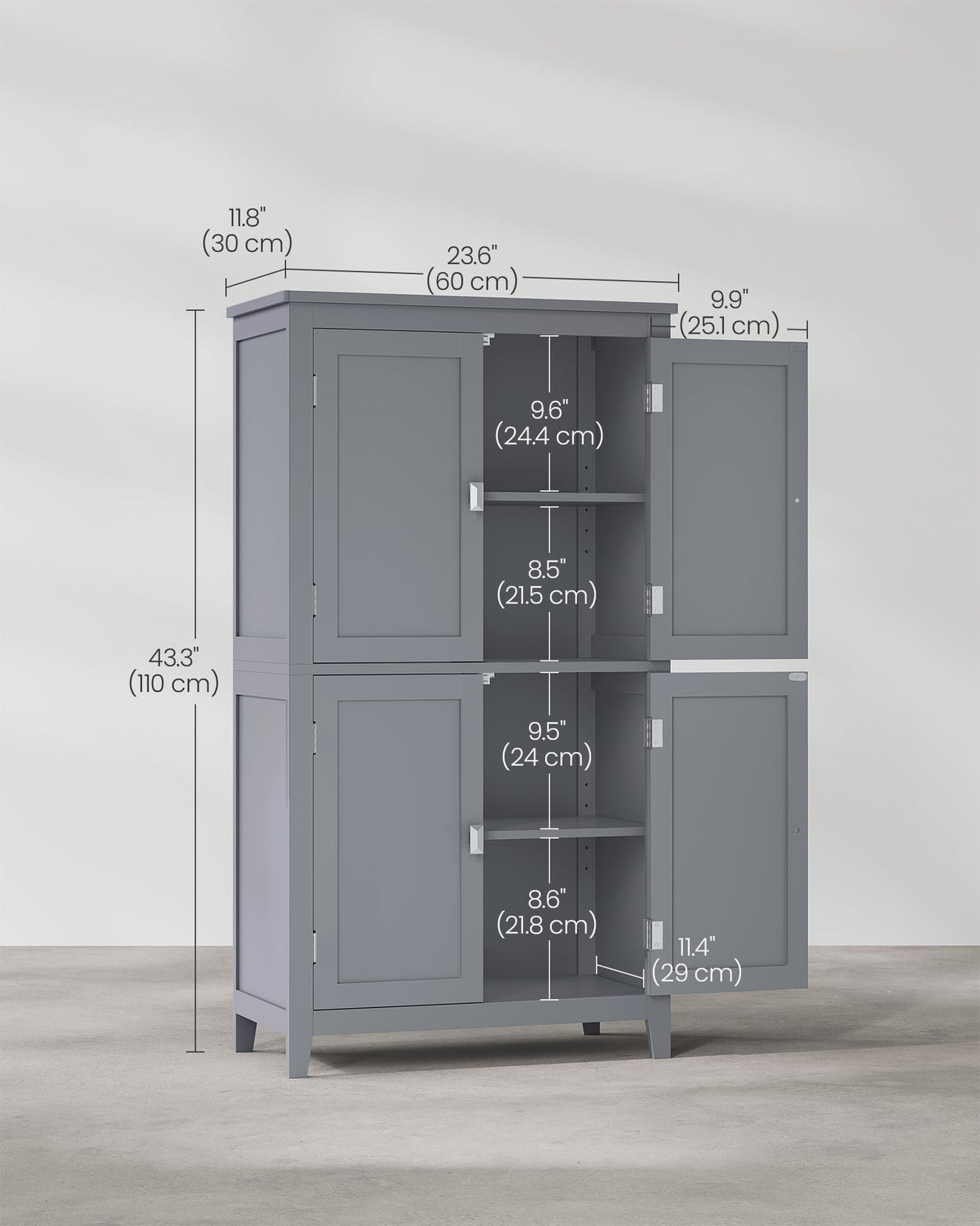 VASAGLE Bathroom Floor Storage Cabinet, Bathroom Storage Unit, Freestanding Cabinet with 4 Doors, Adjustable Shelves, 11.8 x 23.6 x 43.3 Inches, Mystic Gray UBBC552P36 VASAGLE