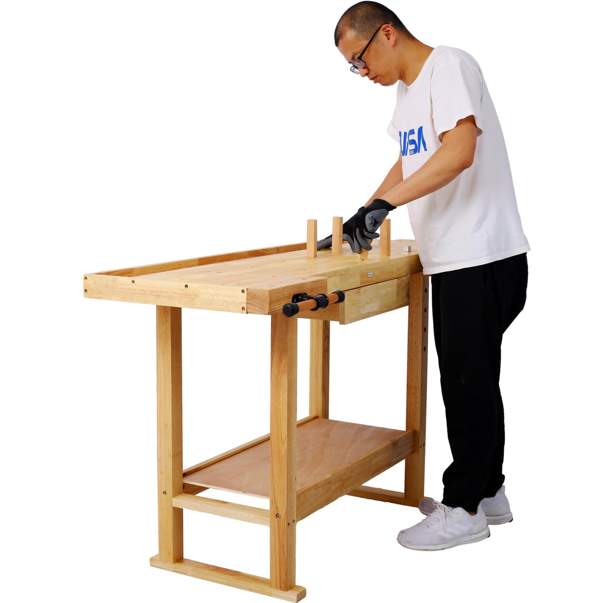 Montary 55-Inch Wood Workbench - Rubber Wooden Heavy Duty Work Bench with Drawer & Shelf, Perfect Work Bench for Garage Workshop, Woodworking Carpenter and Home W/Adjustable Handle Montary