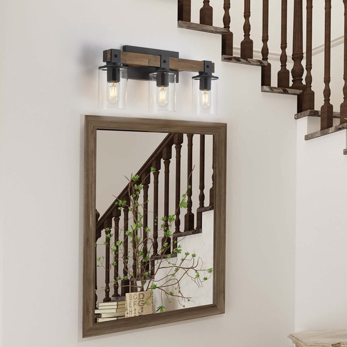 DRNANLIT Wood Vanity Lights,3-Light Farmhouse Bathroom Lighting Fixtures with Clear Glass Shade,Industrial Vintage Rustic Wall Lamp for Bedroom,Living Room,Hallway (3-Light, Antique Wood) DRNANLIT