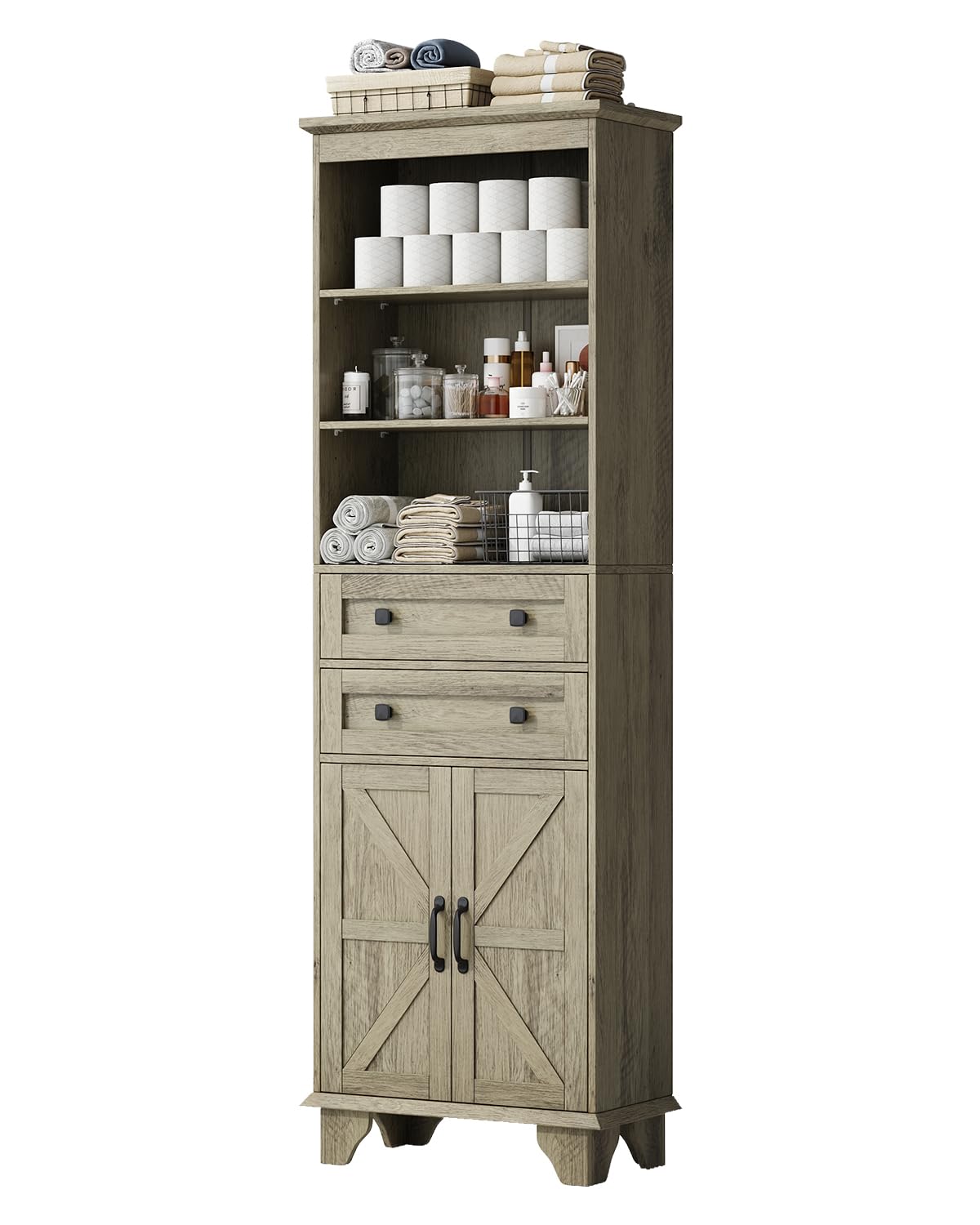 Seeday 72" Farmhouse Bathroom Storage Cabinet, Tall Kitchen Pantry Cabinet with 2 Drawers, Adjustable Shelves and Barn Door, Storage Cabinet for Bathroom, Living Room, Kitchen, Grey Seeday