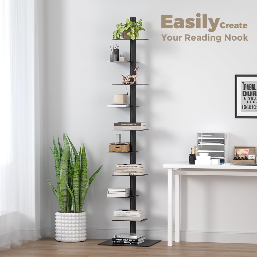 Nidouillet 9-Tier Metal Spine Bookshelf, Adjustable Vertical Tower for Books, Tall & Narrow Ladder Bookcase, Space-Saving Multipurpose Corner Storage Shelf, Display Stand, Tool-Free Assembly, Black Nidouillet