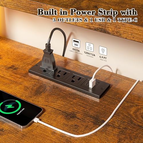 EnHomee 44 Inch Computer Desk with Hutch and Drawers,Reversible Home Office Desk with Monitor Shelf,Small Gaming Desks with USB Power Outlets,Writing Table for Office with LED Lights,Rustic Brown EnHomee