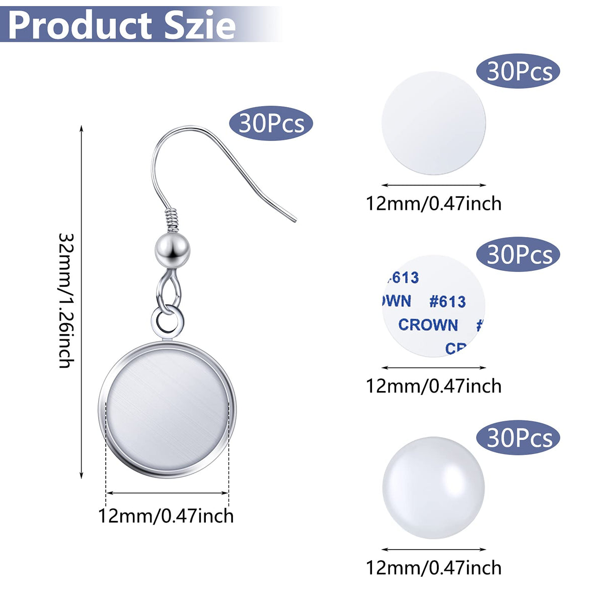 30 Pieces Sublimation Blanks Earrings for Valentine's Day Earrings Wire Hooks Blanks 12 mm Cabochon Settings Bezel Trays with Glass Domes Heat Transfer Aluminum Sheet for Valentine's Day Hicarer