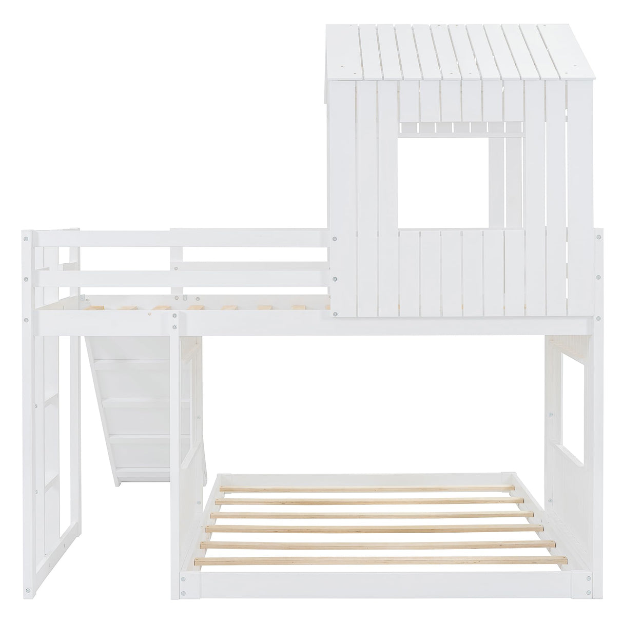 Harper & Bright Designs House Bunk Beds Twin Over Full Size, Wood Bunk Beds with Roof and Window (White, Twin Over Full (with Slide)) Harper & Bright Designs