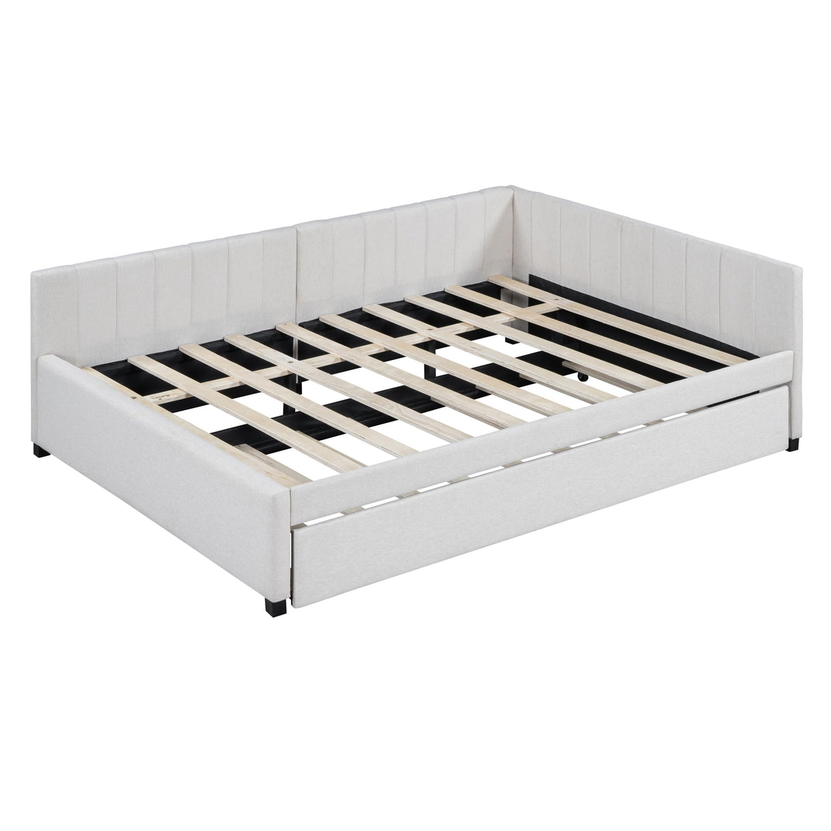 Modern Full Size Daybed with Trundle for Teens Kids, Linen Upholstered L-Shaped Platform Bed Frame Full with Headboard, Full Corner Bed for Living Room, Full with Trundle, Beige Merax