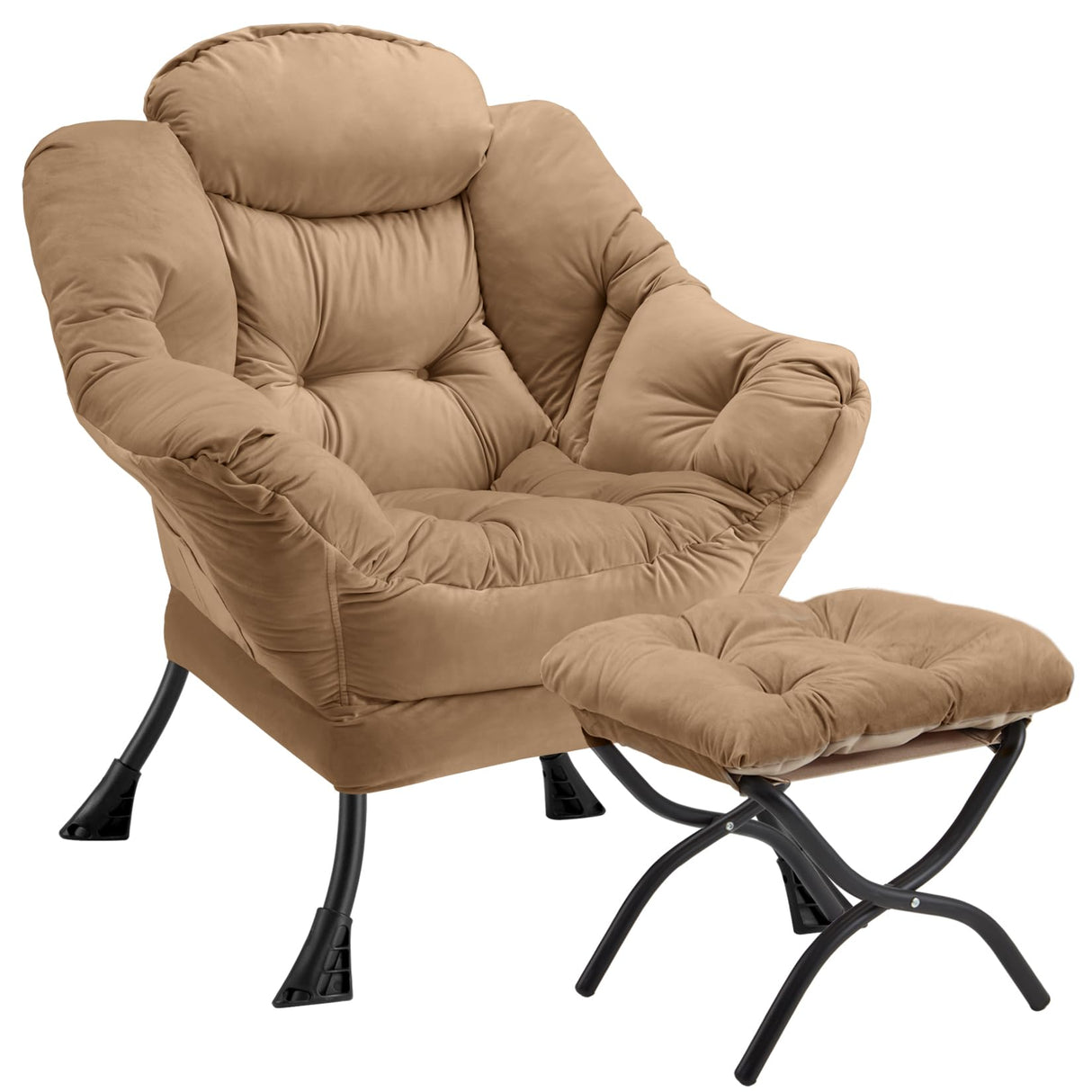 Congermom Lazy Chair with Folding Ottoman Modern Large Accent Chair,Contemporary Lounge Leisure Sofa Chair with Armrests Upholstered Sofa Armchair Reading Chair for Bedroom,Dorm & Office(Khaki-f) Congermom