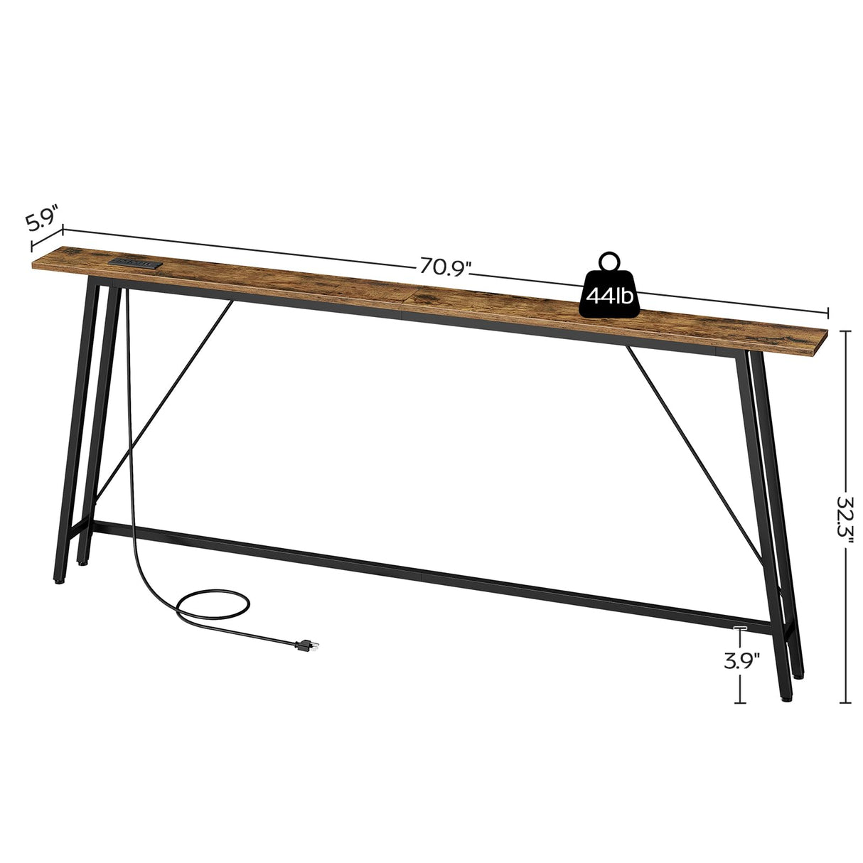 YATINEY 70.9" Console Table with Power Outlets, Sofa Tables Narrow Long, Industrial Behind Couch Table, for Hallway, Entryway, Living Room, Rustic Brown and Black CT185UBR YATINEY