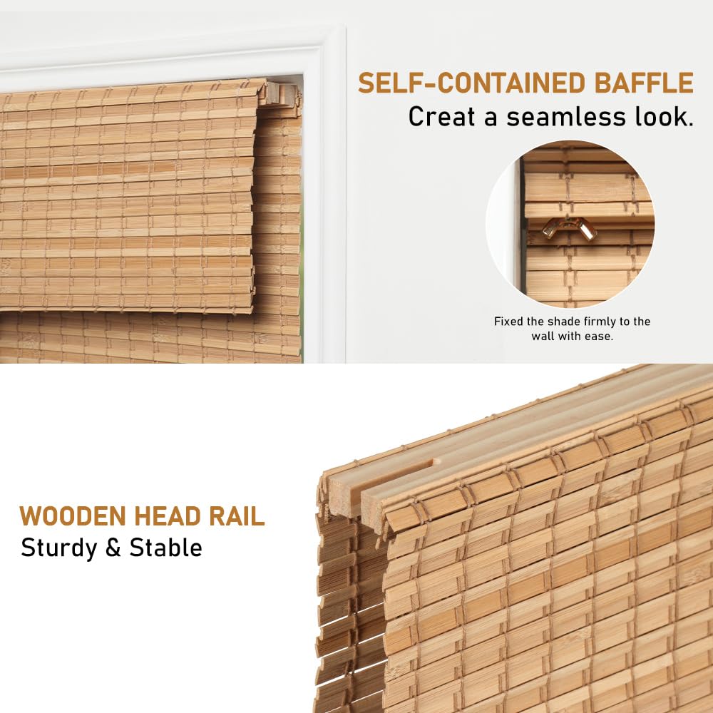 SEEYE Cordless Bamboo Roman Shades, Blackout Natural Bamboo Blinds for Indoor Windows, Roll Up Blind Privacy Shade for Home, Office, Door, UV Resistant & Easy to Install, 22" W x 64" H, Carbonized SEEYE