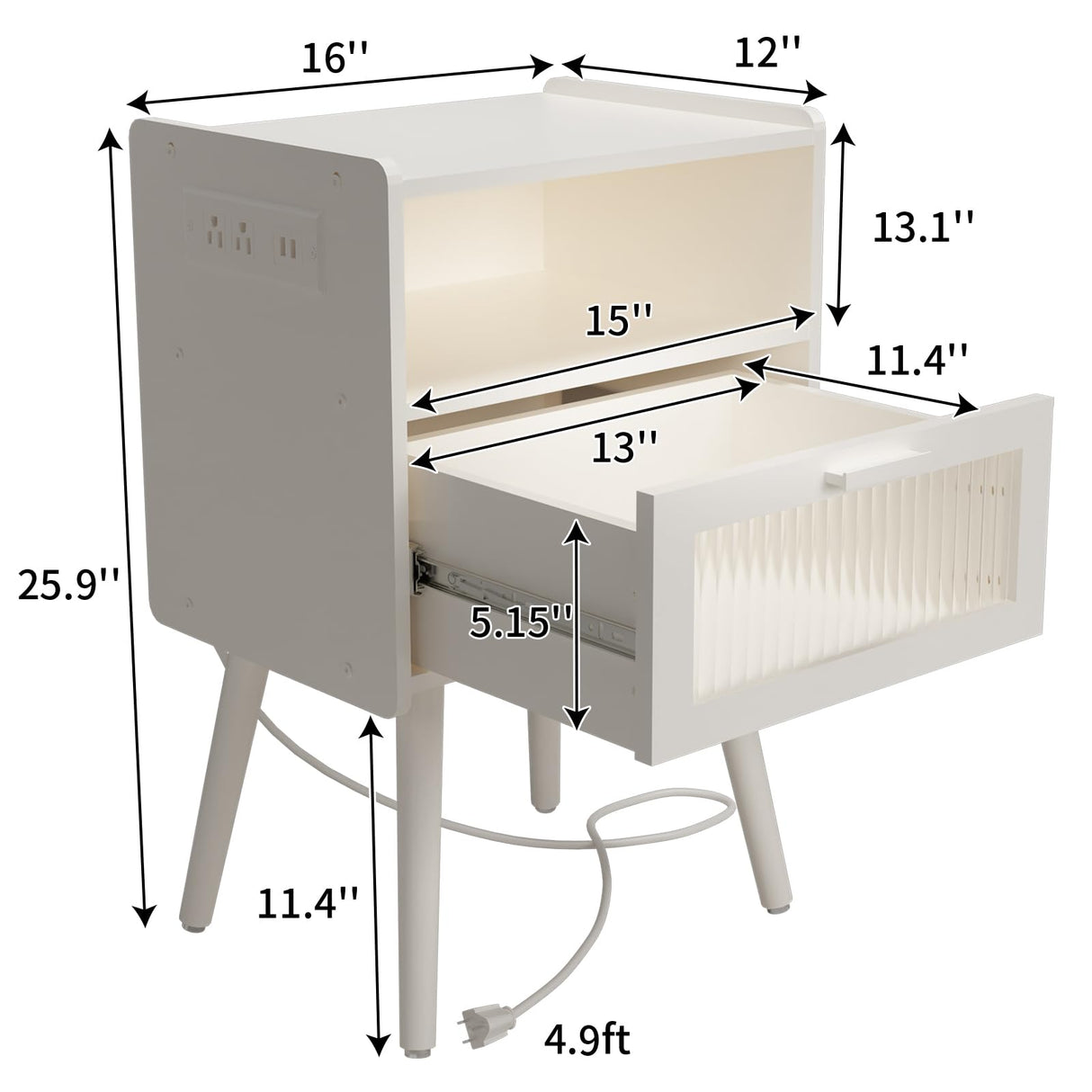 Mid Century Modern Nightstand with Charging Station, Bedside Tables with Glass Drawer, End Table Side Table with 2 Tiers Storage Space, for Bedroom, Living Room, White SOOWERY