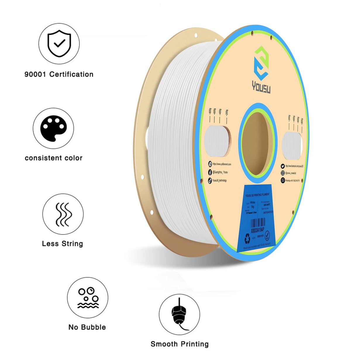 YOUSU Polypropylene PP Filament, 1.75mm 3D Printer Filament for FDM 3D Printers, 1kg (2.2lbs) 5 Pcs Build Sheet Included, Semi-Flexible Ultra Tough Filament, White Yousu