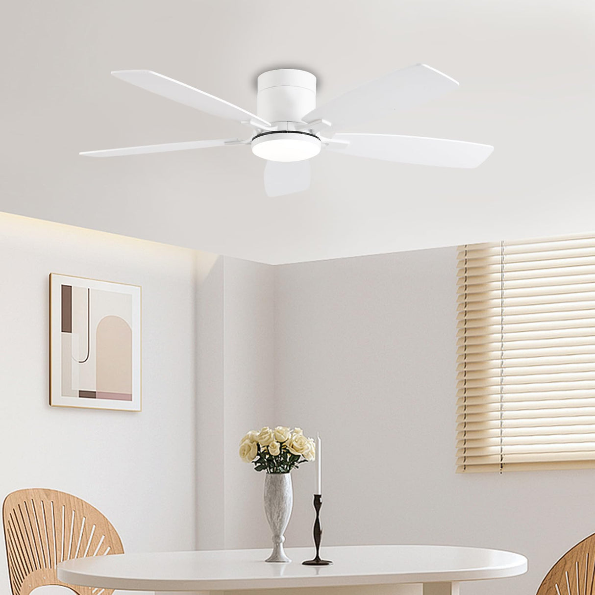52inch Flush Mount Ceiling Fans with Lights and Remote/APP Control, Dimmable LED, Reversible DC Motor, Noiseless, Low Profile White Ceiling Fan for Livingroom, Indoor/Outdoor Use FUMLTP