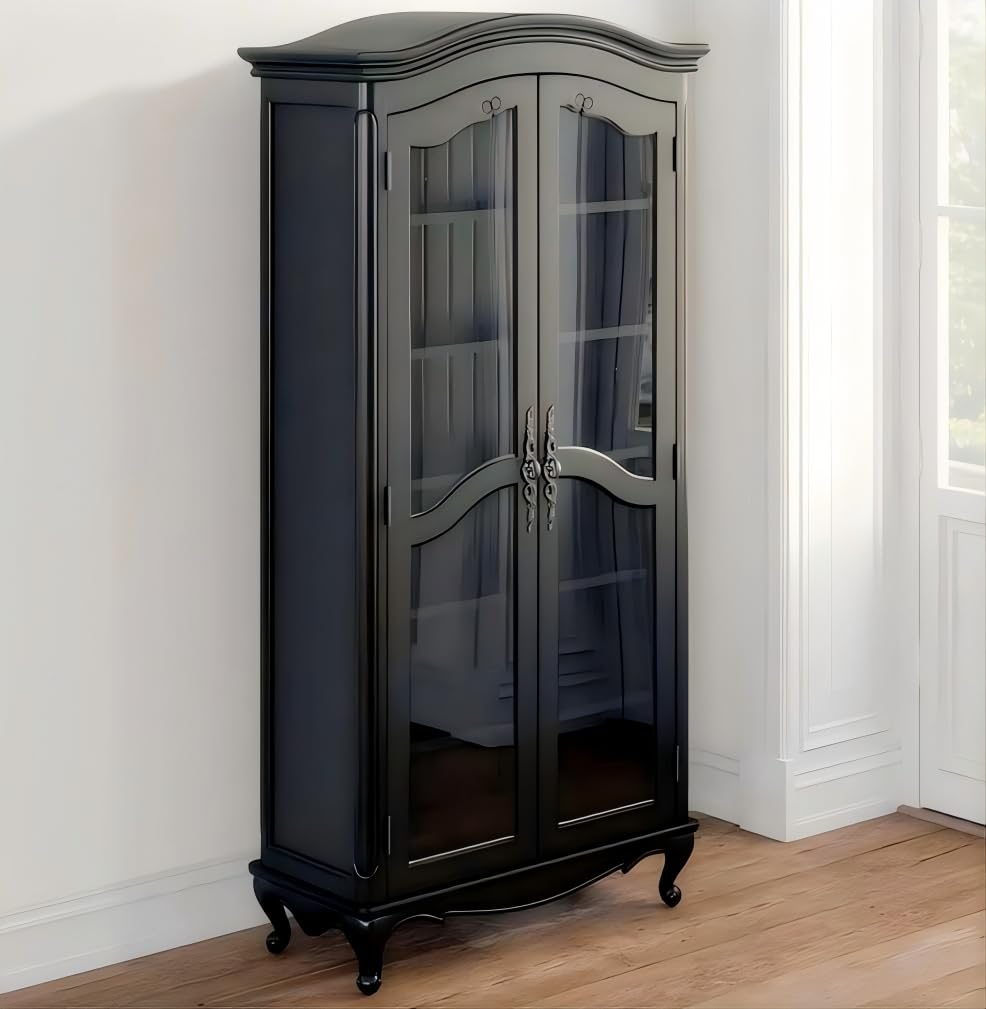 Farmhouse Arched Display Cabinet Bookcase Bookshelf with Glass Doors and Adjustable Shelves, 72" Tall 6 Tiers French Country-Inspired Wooden Curio Cabinet for Living Room, Office (Distressed Black) ZESTO PASSION FOR LIVE