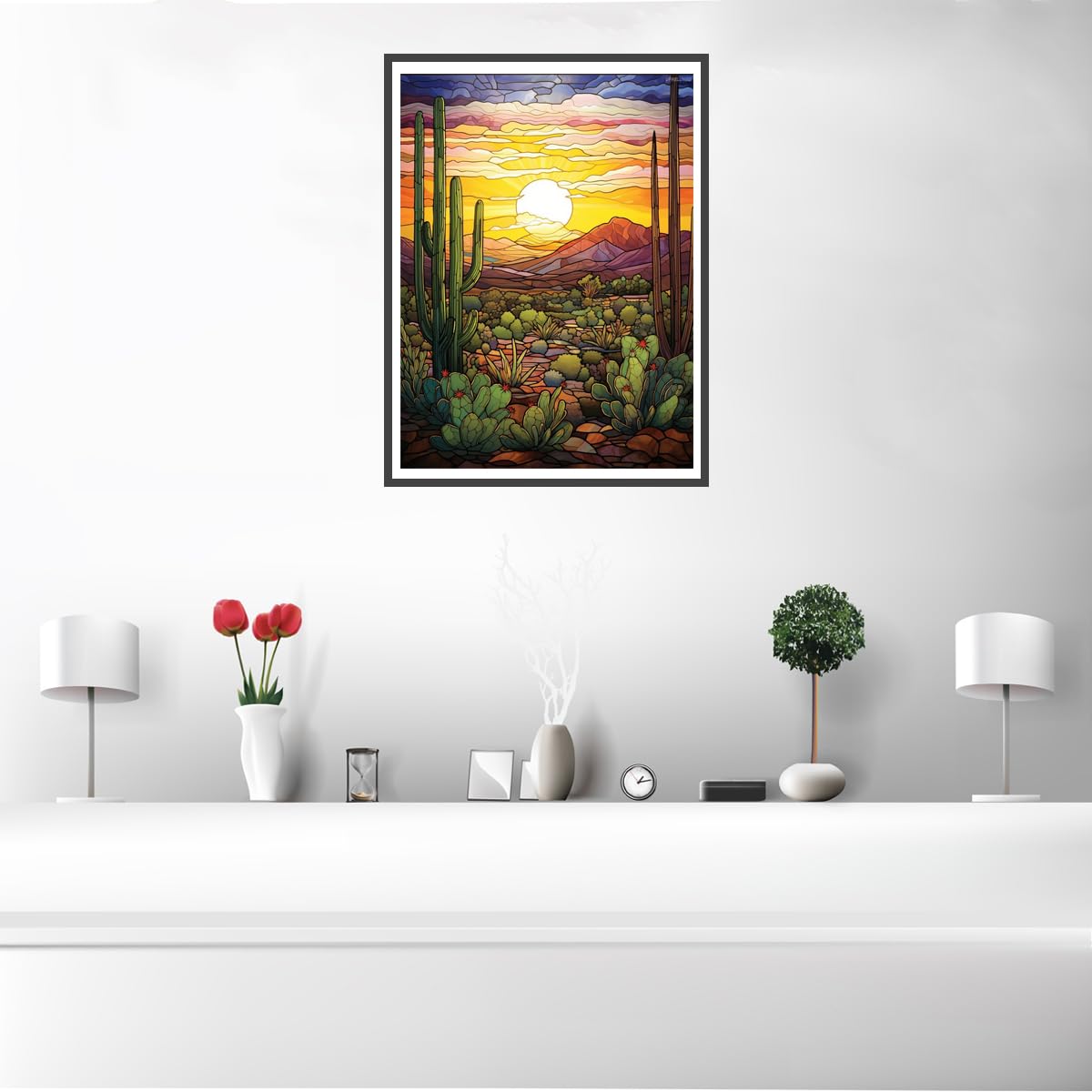 Stained Glass Desert Landscape Cactus Sunset 5D Diamond Art Painting Kits Round Full Drill DIY Paint by Diamond Number Kits for Beginners Crystal Cross Stitch Diamond Art Wall Decor 12x16inch UPABLUNSO