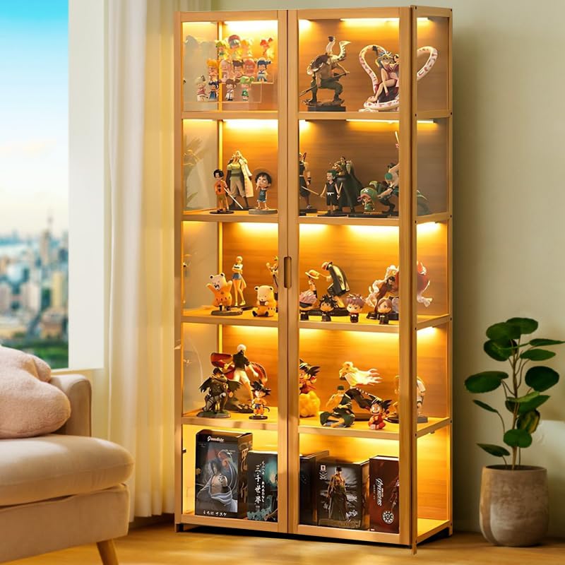 idhhco 5 Tier Curio Display Cabinet, Display Cabinet with Acrylic Glass Door, Collectibles Toy Organizers Rack & Display Shelf, Kids Bookcase for Bedroom, Reading Nook, Toddler's Room, Bamboo idhhco