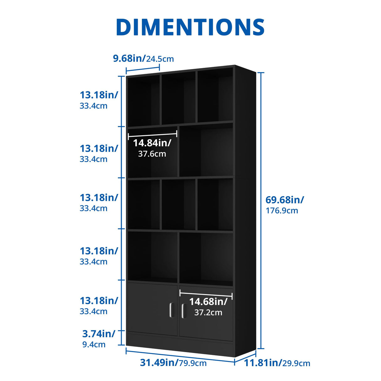 Cozy Castle 70" Tall Black Bookshelf with 12 Cubes and 2 Doors, 4-Tier Open Shelf Bookcase with Cabinet, Modern Cube Storage Organizer for Living Room, and Office Cozy Castle