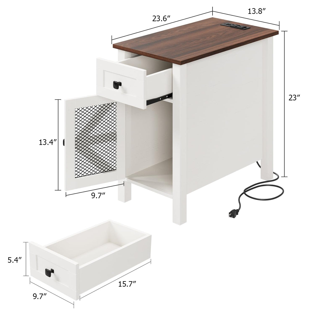 HAIOOU Farmhouse End Table with Charging Station, Narrow White Side Tables with Storage Cabinet and Drawer, Wood Nightstand with Power Outlets & USB Ports for Bedroom, Living Room HAIOOU