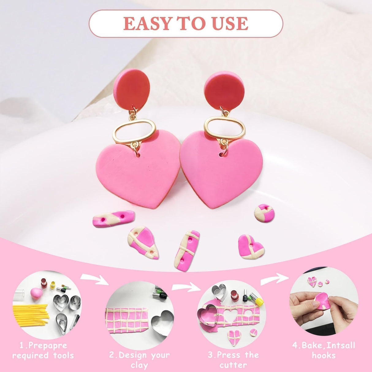 EggSun Polymer Clay Earring Kit & Clay Jewelry Making Kit with Cutters, 500+Pcs Jewelry Craft Supplies with 24 Oven-Bake Colors Cutters Ear Hooks Charms Beads Tools Instructions for Beginners & Adults EggSun