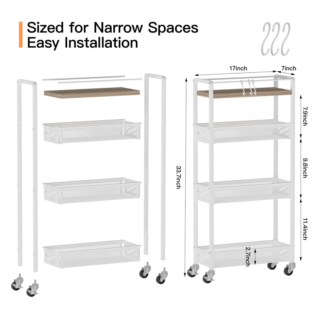 DGSNADGO Slim Rolling Storage Cart, 4-Tier Kitchen Cart on Wheels, Narrow Utility Cart with Handle and Wooden Tabletop for Small Space in Kitchen, Living Room, Bathroom, Laundry Room, Beige and White DGSANDGO