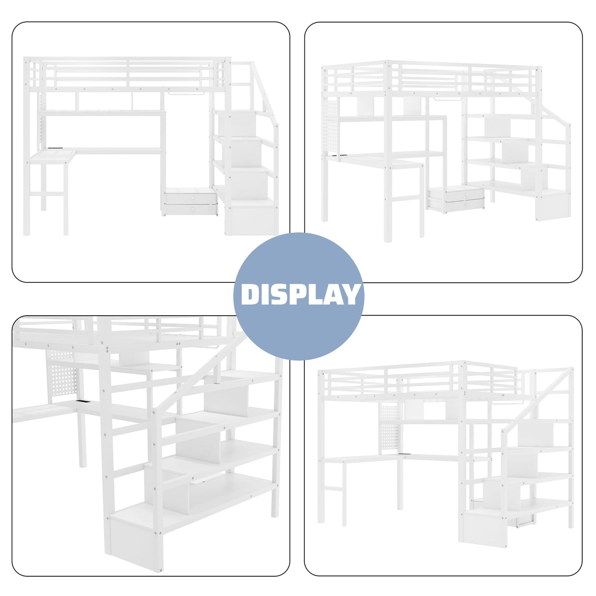 MoproBeti Full Size Loft Bed with Desk and Stairs,Metal Gaming Loft Bed with LED,Charging Station, High Loft Bed Full with Storage Shelves,Wardrobe and Drawers for Kids Teens, Adults, White MoproBeti
