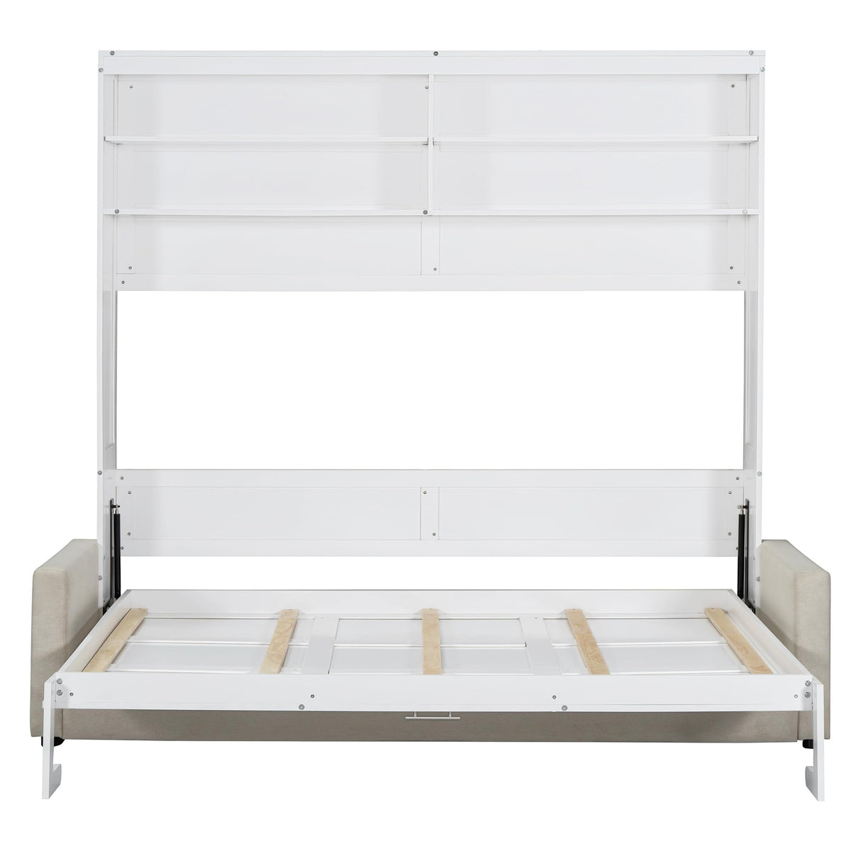 Merax Queen Size Murphy Bed, Wooden Queen Murphy Bed with Sofa and Cushion, Wall Bed with Shelves, White Merax
