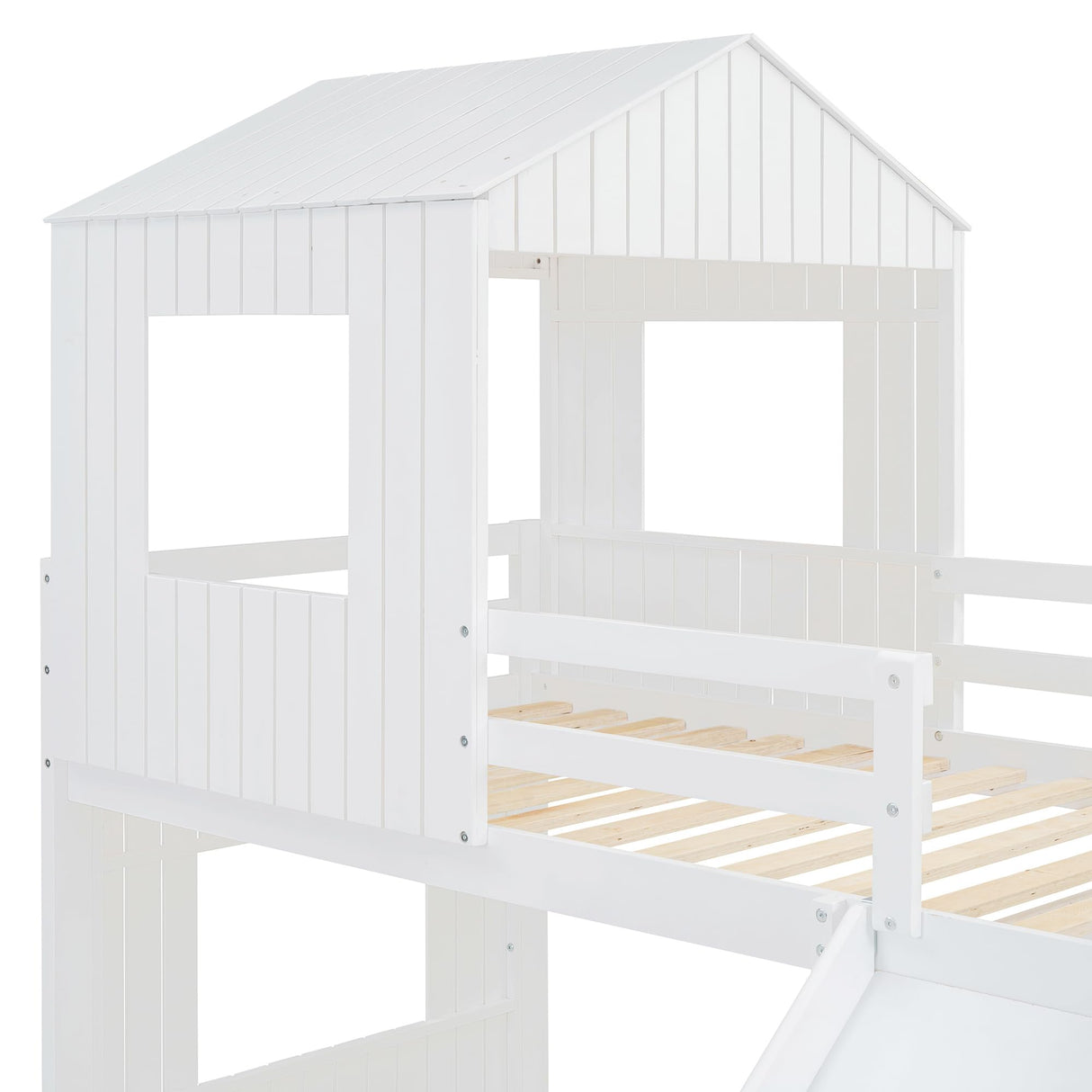 Harper & Bright Designs House Bunk Beds Twin Over Full Size, Wood Bunk Beds with Roof and Window (White, Twin Over Full (with Slide)) Harper & Bright Designs