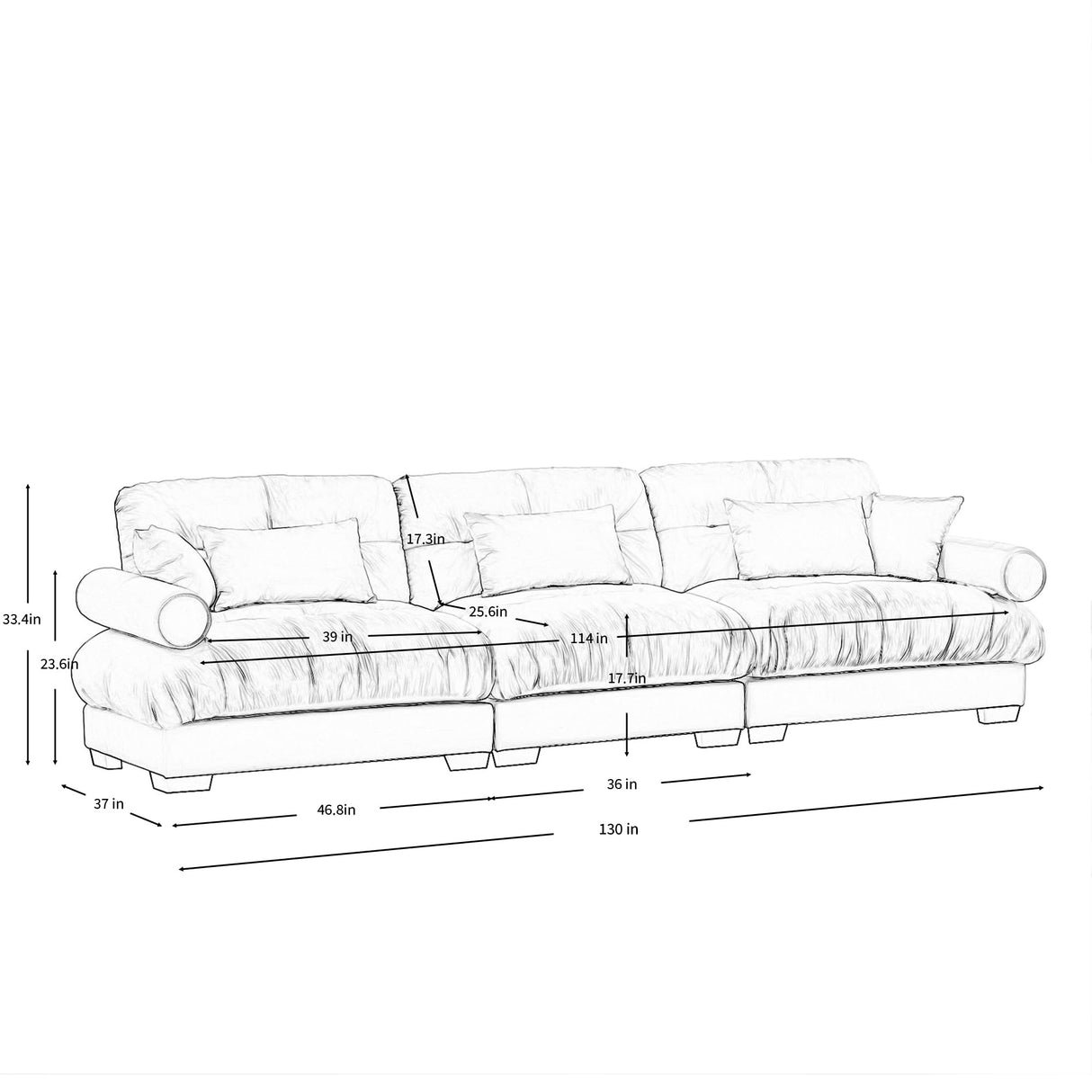 KEIKI 130" Oversized Velvet Modular Sectional Sofa with High-Density Foam Cushion and Bolstered Armrests, Upholstered Modern Style 3-Seater Cloud Couch with 5 Pillow, for Apartment, Living Room, Cream KEIKI